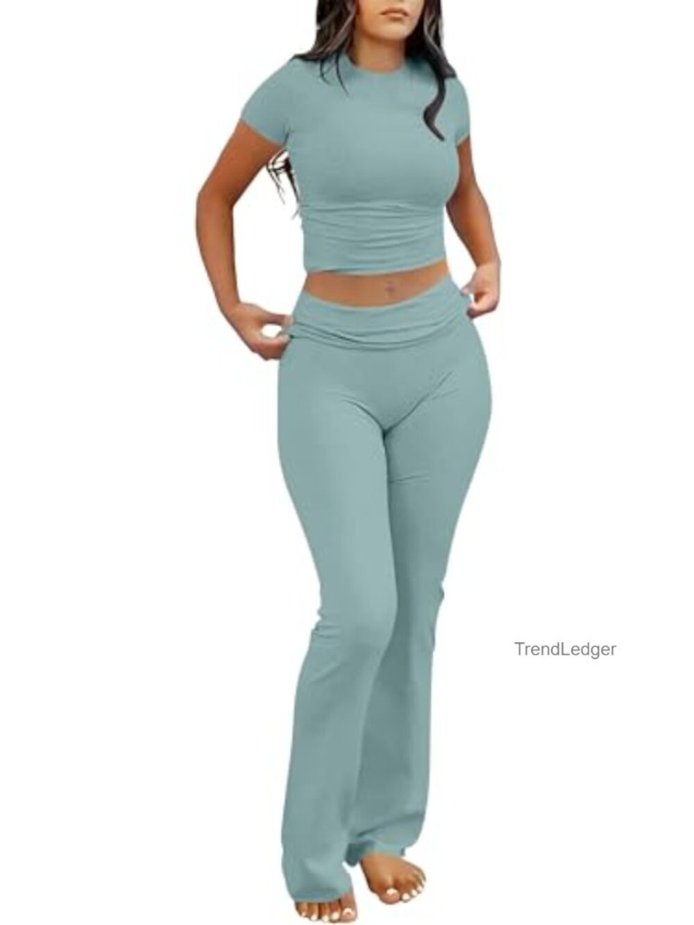 Slim Fit Two-Piece Lounge Set with Flare Pants and Cropped Crewneck Top